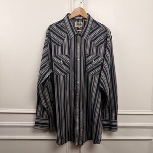 Ely Cattleman Mens 3XLT Western Pearl Snap Shirt Striped Blue Grey Tall Man